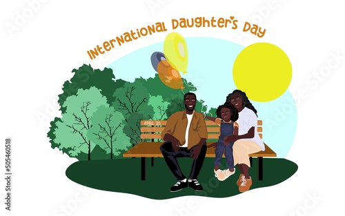 Happy African American family sits on a park bench in sunny weather with balloons. Family, mothers, childrens, fathers, sons, daughters, siblings day celebration conceptual vector design.
