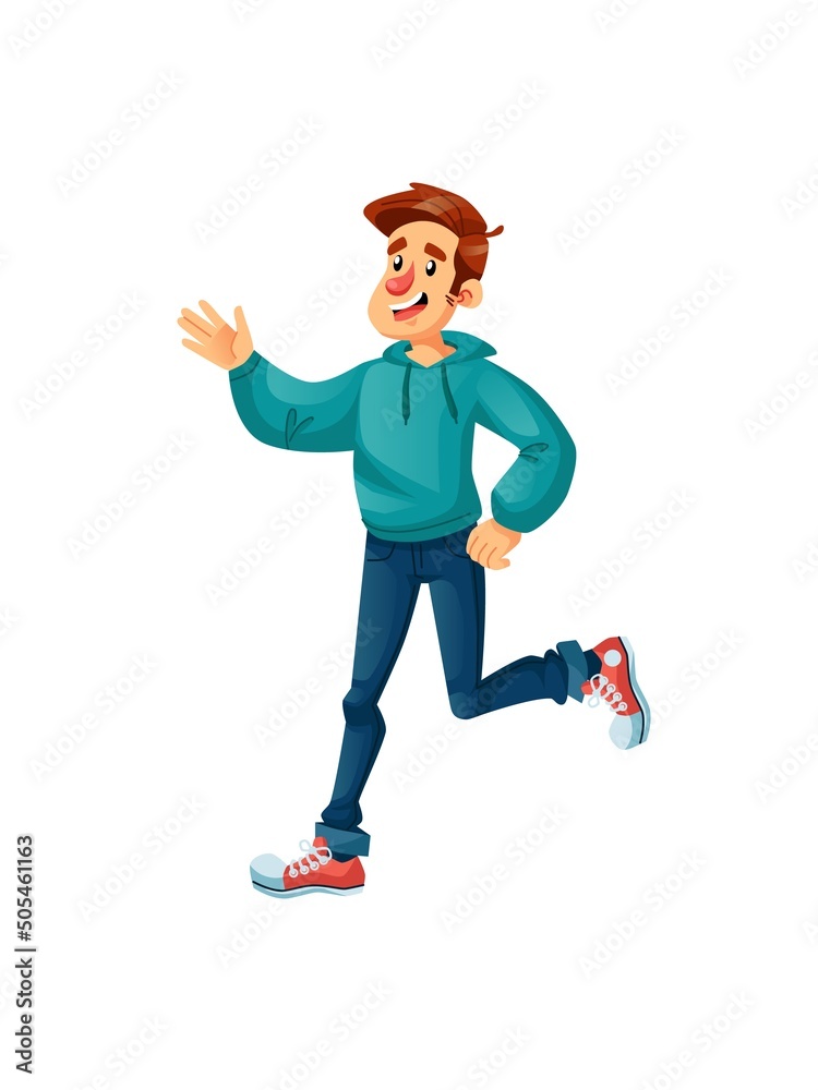 Vector cartoon flat happy character in joyful mood.Young man celebrate success,jump happily,rejoice,send greetings-communication,emotions,friendship,positive social concept,web site banner ad design