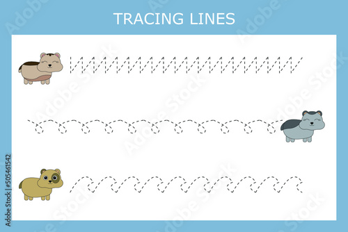 Trace line worksheet with animals for kids, practicing fine motor skills.  Educational game for preschool children. 