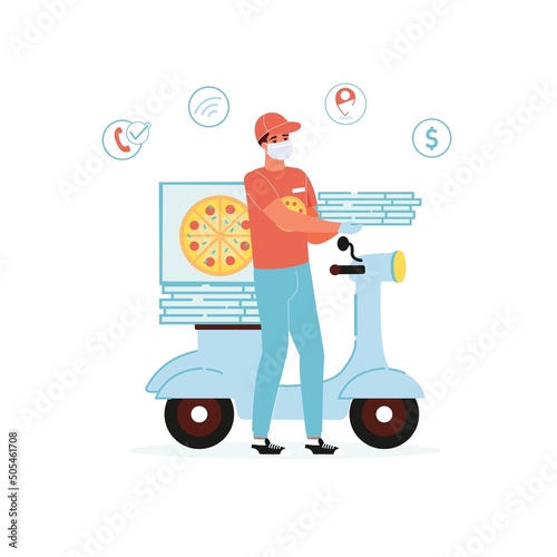 Courier in face mask holding pizza standing near scooter motorcycle. Fast food delivery service during coronavirus pandemic