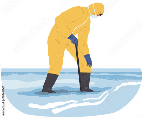 Scientists in protective suits collect samples of water. People analyze state of sea or ocean. Men collect water in test tube during experimental analysis. Impact of human activity, nature research