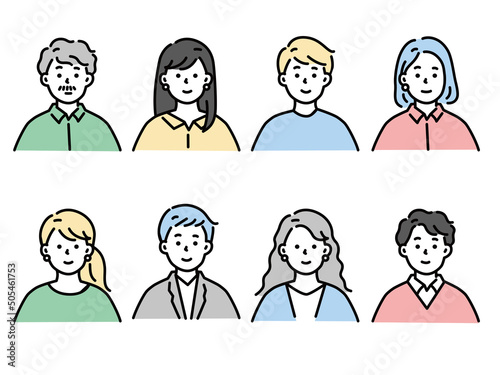 人物アイコンイラスト(アバター、男女、20代、30代、ファッション、髪型、若者、老若男女、中年、 顔パターン) Illustration of person icon illustration.Avatars, men and women, fashion, hairstyle, young people, men and women, middle age, face patterns.