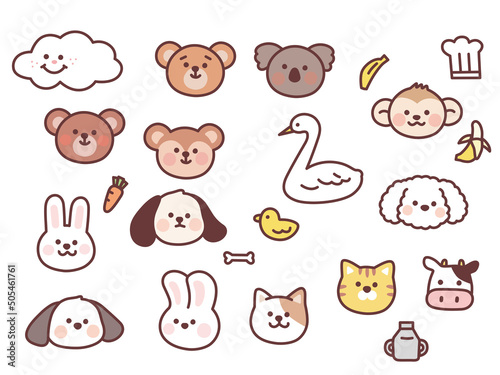 動物イラスト(可愛い、アイコン、猫、犬、うさぎ、牛、クマ、トラ、コアラ、サル) Illustration of animals . cute, icon, cat, dog, rabbit, bunny, cow, bear, tiger, koala, monkey.