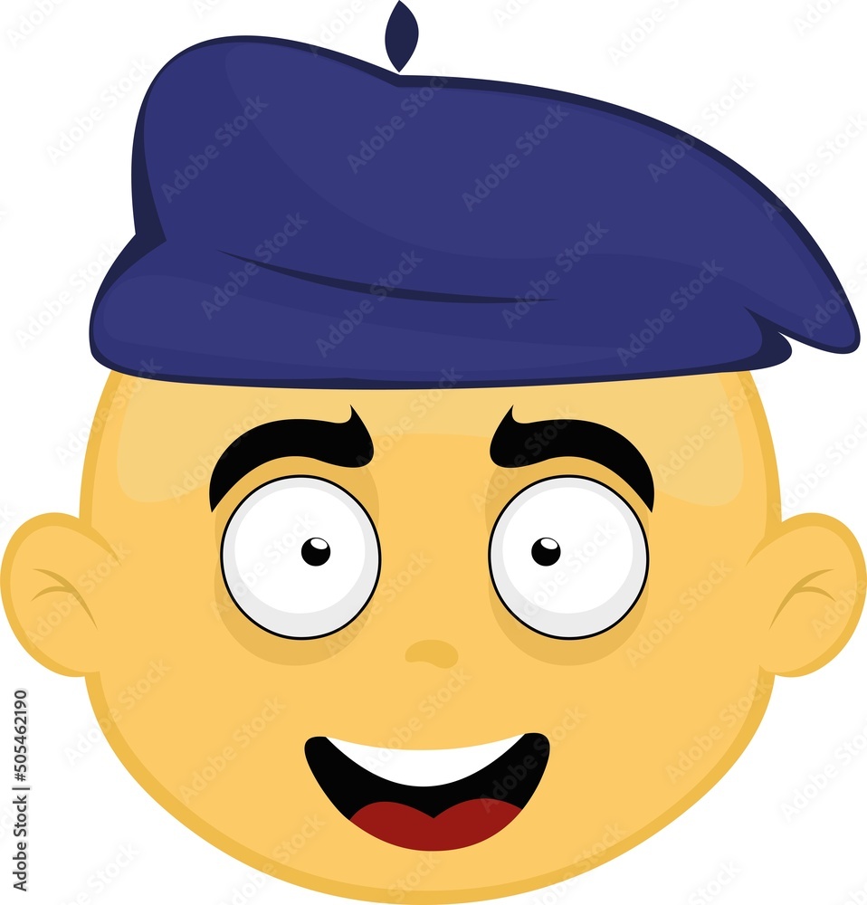 Vector illustration of the face of a yellow cartoon character with a blue beret (french hat) on his head