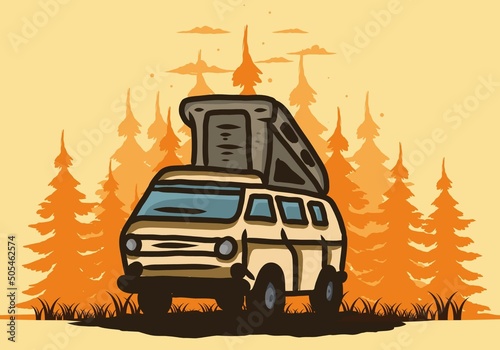 Camping van in the jungle illustration