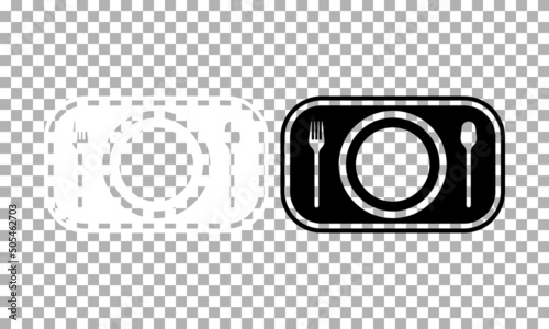 Cutlery icon in black, white. Plate fork and knife silhouette. Isolated illustration on transparent. Symbol cafe events and restaurant waiter. As template of card, banner, menu, flyer. Vector EPS 10 