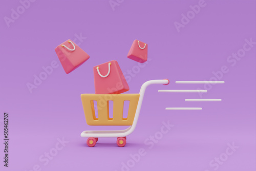 Fototapeta Shopping cart with bags, Flash sale promotions concept on purple background, 3d rendering