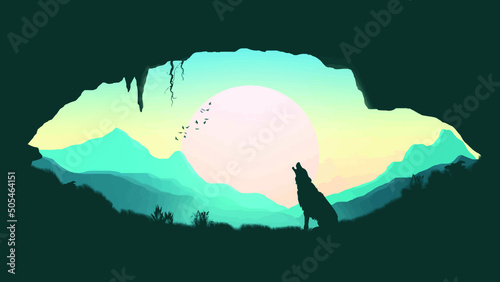 silhouette of a wolf in a cave with mountains in the background
