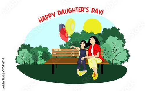 Happy Asian family sits on a park bench in sunny weather with balloons. Family, mothers, childrens, fathers, sons, daughters, siblings day celebration conceptual vector design.