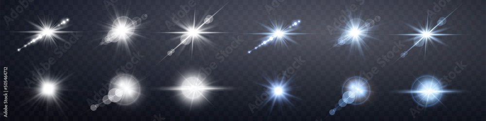 Silver and blue lens flares set. Isolated on transparent background. Sun flash with rays or spotlight and bokeh. Glow flare light effect. Vector illustration
