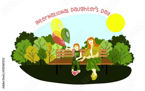 Happy European family sits on a park bench in sunny weather with balloons. Family, mothers, childrens, fathers, sons, daughters, siblings day celebration conceptual vector design.