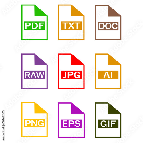 Symbol set file formats. Set of Document File Formats icons. File extensions diverse icons set isolated. jpeg image jpg illustration. 