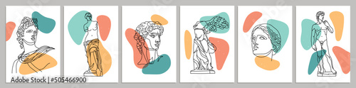 Ancient sculpture in a linear style. Trendy abstract drawings of famous statues. Vector minimalist collages on isolated white background.