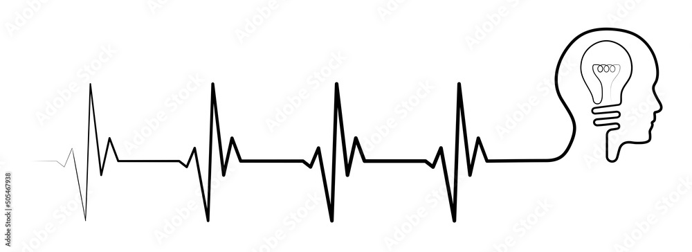 Heart rhythm illustration with human head, lightbulb, heartbeat line vector design to use in healthcare, business, healthy lifestyle, medicine and ekg concept illustration projects. 