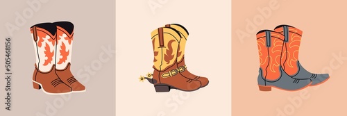 Set of Stylish cowboy boots with different ornaments. Shoe pairs collection. Wild West theme. Hand drawn colored trendy Vector illustration photo