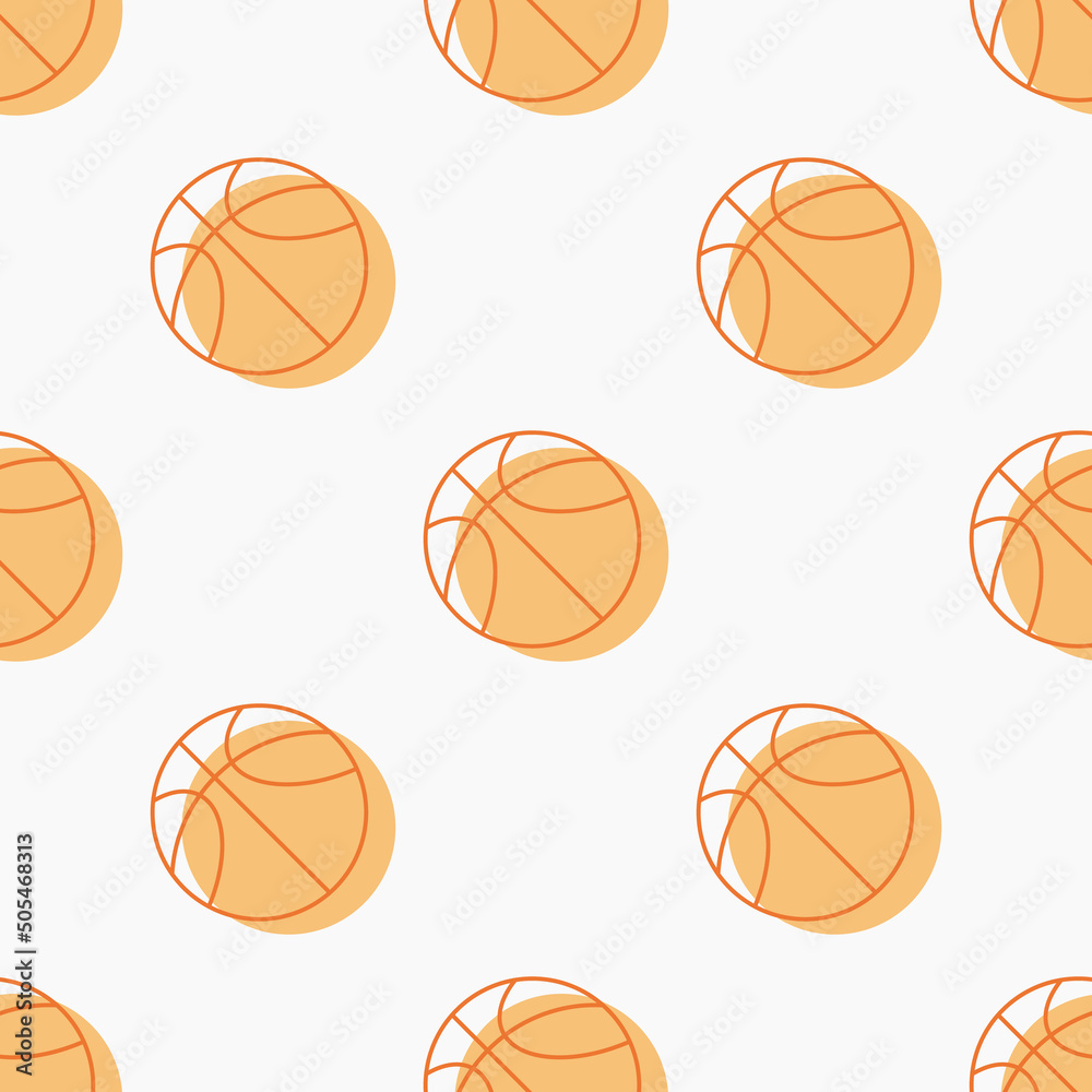 Seamless pattern of orange outline basketball ball on white.Game, team sports. Popular sport basket balls leather. Fitness, healthy, workout background. Hand drawn cartoon flat vector illustration