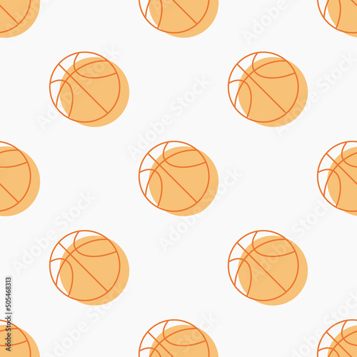 Seamless pattern of orange outline basketball ball on white.Game, team sports. Popular sport basket balls leather. Fitness, healthy, workout background. Hand drawn cartoon flat vector illustration