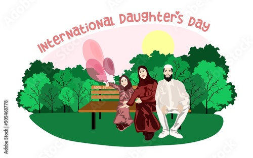Happy Muslim family sits on a park bench in sunny weather with balloons. Family, mothers, childrens, fathers, sons, daughters, siblings day celebration conceptual vector design.