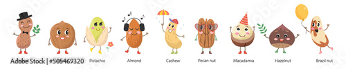 Set of cute cartoon nuts on white background.