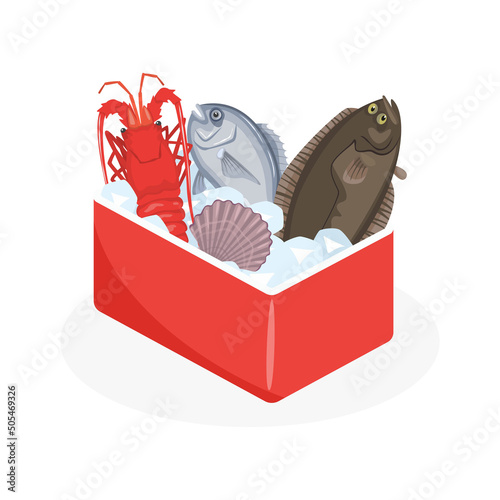 Ice box with fresh seafood.