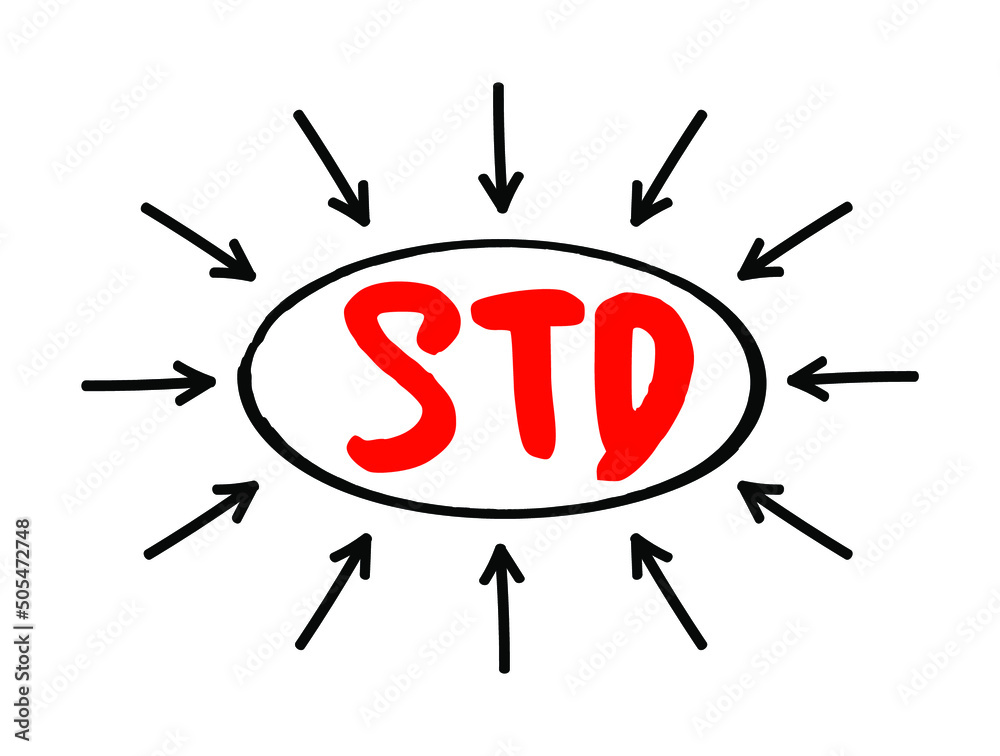 STD Sexually Transmitted Diseases - infections that are passed from one person to another through sexual contact, acronym text with arrows STD Sexually Transmitted Diseases - infections that are passed from one person to another through sexual contact, acronym text with arrows