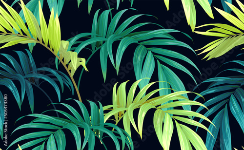Seamless greeen hand drawn tropical vector pattern with palm leaves on dark background.