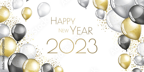 happy new year 2023 - Black and gold ballons on a white background - party festive design