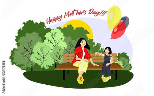 Happy Asian family sits on a park bench in sunny weather with balloons. Family, mothers, childrens, fathers, sons, daughters, siblings day celebration conceptual vector design.