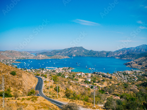 A panoramic photo of Selimiye taken from the high ground. Selimiye has recently stood out as one of the untouched holiday regions of Marmaris, Turkey