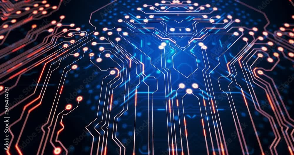 Animation of light trails moving over computer circuit board