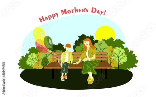 Happy European family sits on a park bench in sunny weather with balloons. Family, mothers, childrens, fathers, sons, daughters, siblings day celebration conceptual vector design.