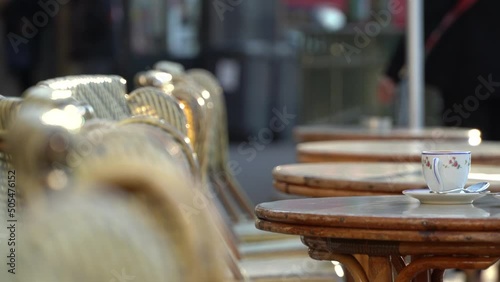 Two cups of espresso coffee on a coffee shop terrace from Paris, France.