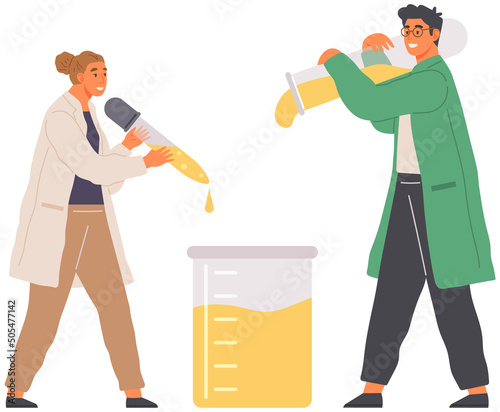 Scientists make laboratory analysis with reagents and catalysts. Idea of education, chemistry, science. Biologists conducting experiment chemical research with liquid in flask vector illustration