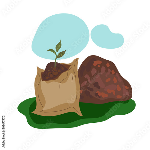  bag with compost, organic fertilizer, compost, agriculture. Zero waste theme.