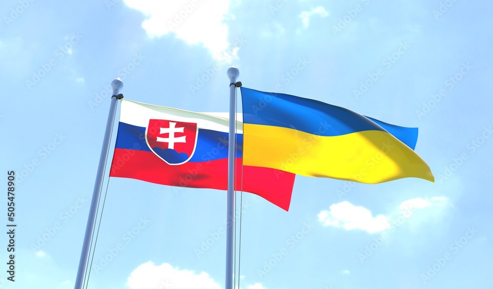 Ukraine and Slovakia, two flags waving against blue sky. 3d image Ukraine and Slovakia, two flags waving against blue sky. 3d image
