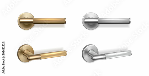 3d realistic vector icon set. Golden and silver door handles in side and front view. Islated on white background.