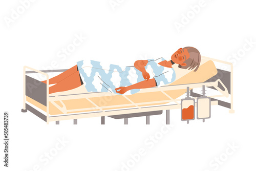Woman Patient Lying on Stretcher Needing Intensive Medical Care and Reanimation Vector Illustration