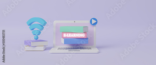 E-learning platform video on laptop, online education internet learning e-learning and teaching concept on digital interface, work or study from home, business, creative occupation, 3d rendering
