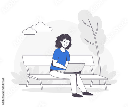Freelance Remote Working Young Woman Sitting on Bench in Park with Laptop Outline Vector Illustration