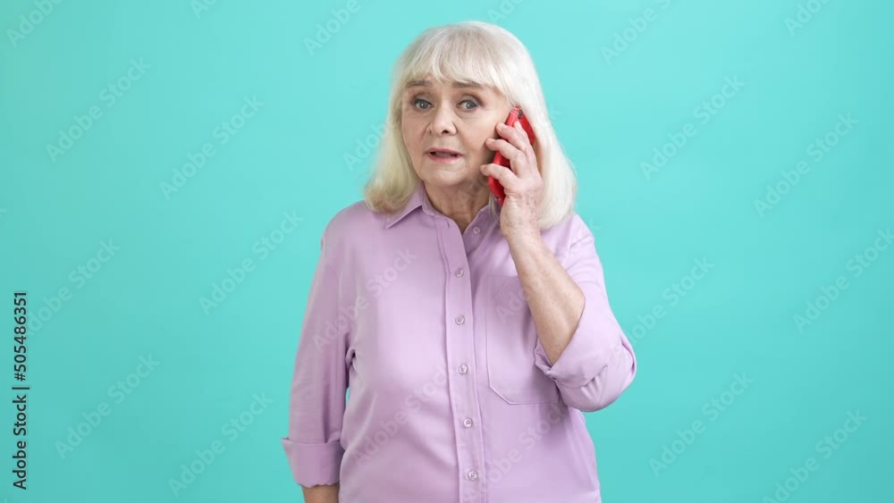Aged lady answer device call scream scandal isolated cyan color background