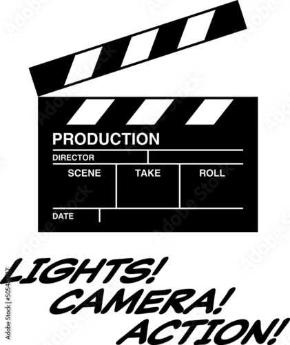 Movie clapper board - image of Hollywood clapper board isolated on white background. Text message - lights, camera, action.