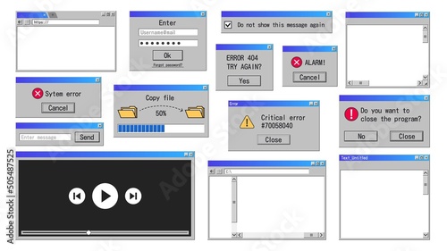 Old interface windows. Retro error message, internet browser and file manager classic software design. Vector old system elements