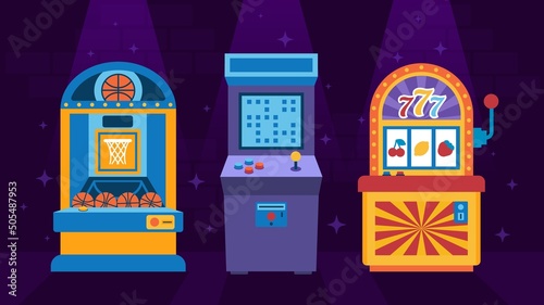 Retro game machine poster. Cartoon banner with vintage arcade video game, classic 80s-90s amusement device. Vector game technology cover