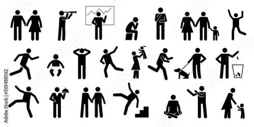People black pictograms. Stickman silhouettes of men and women relaxed postures, gestures and actions. Vector human interaction simple icons