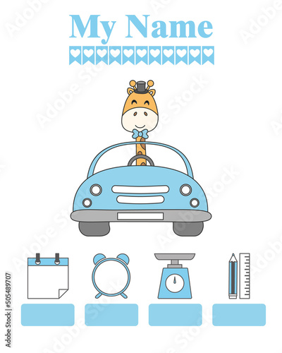 giraffe in car. Baby birth print. Baby data template at birth. Weight, measurement, time and day of birth 