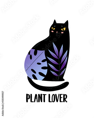 Cute cartoon black cat with flower and plant lover. Modern abstract poster, card