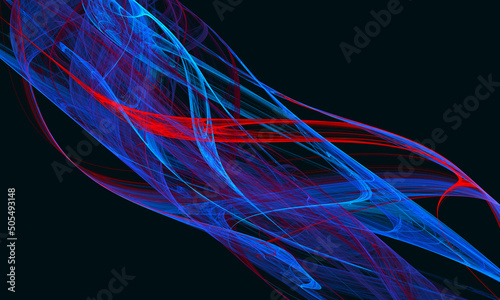 Abstract 3d concept of digital seaweed shape floating in deep dark space. Elegant motion of red blue fibers in artistic representation. Geometry, form, color and movement exploration. Great for design