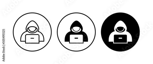 Computer hacker with laptop icon, Spy agent searching sign, symbol, logo, illustration, editable stroke, flat design style isolated on white