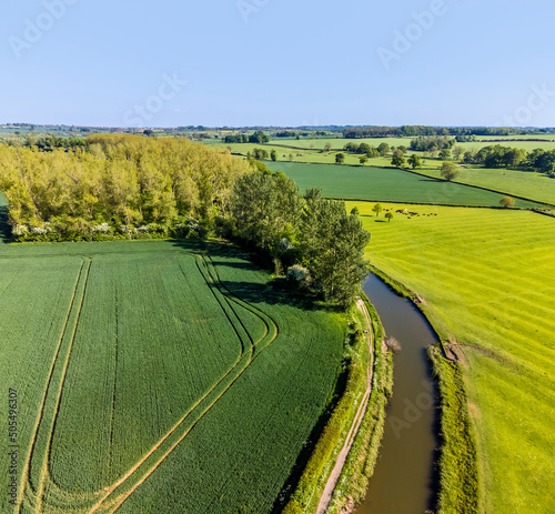 An aerial view above the Grand Union Canal at Wistow near to Market Harborough, UK in summertime photo