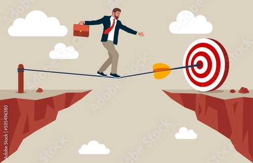 Businessman in suit walking on rope with suitcase to target. Business man walking on tightrope gap. financial crisis. Risk management challenge. illustration in flat style.